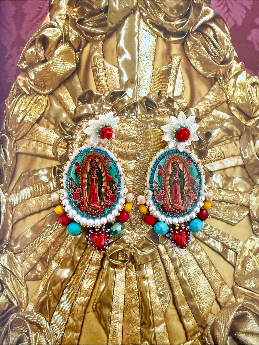 Handcrafted Turquoise & Red Religious Medallion Earrings - Women Jewelry